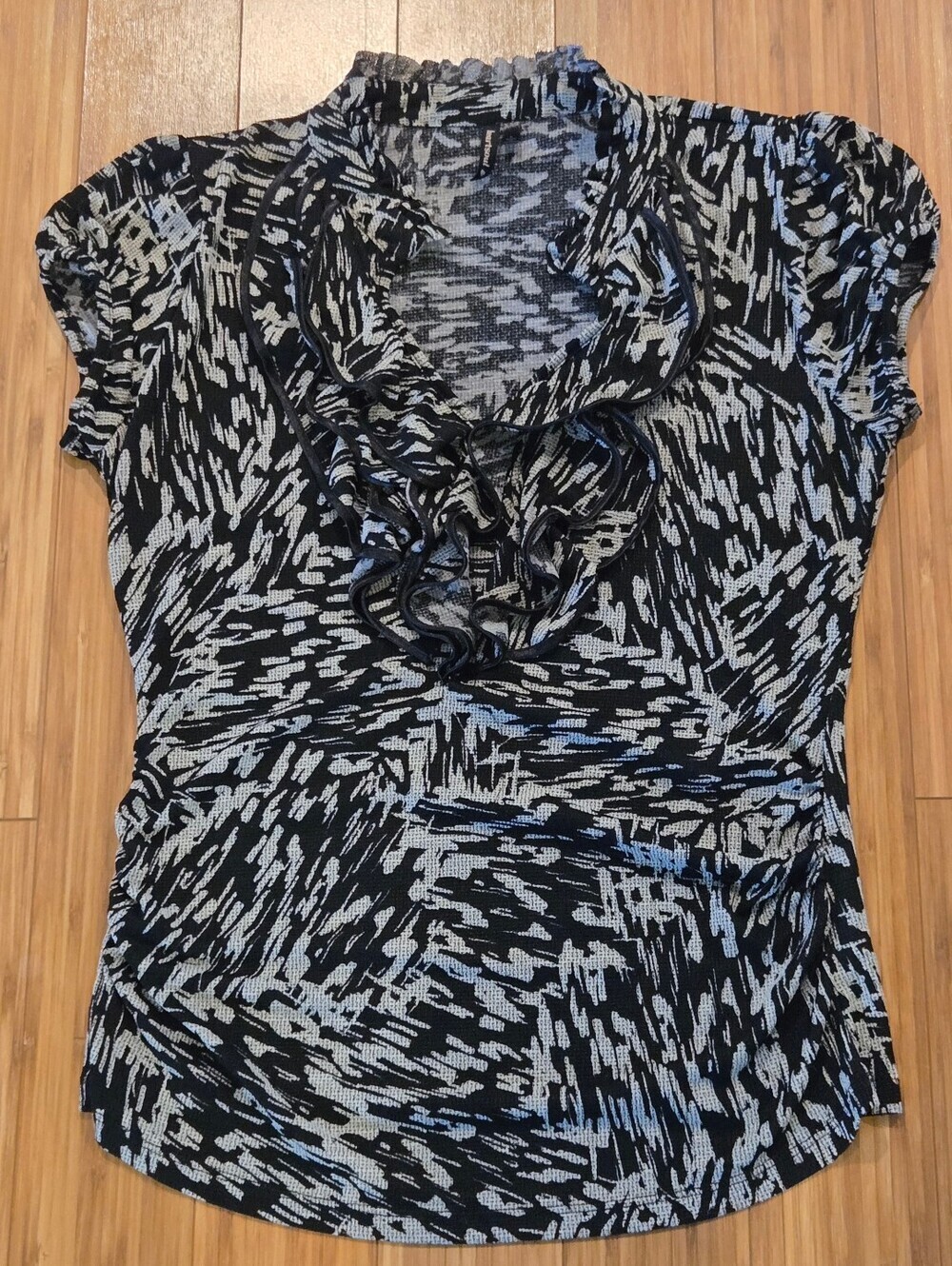 HeartSoul Black and Light Gray Ruffled Cap-Sleeve Blouse